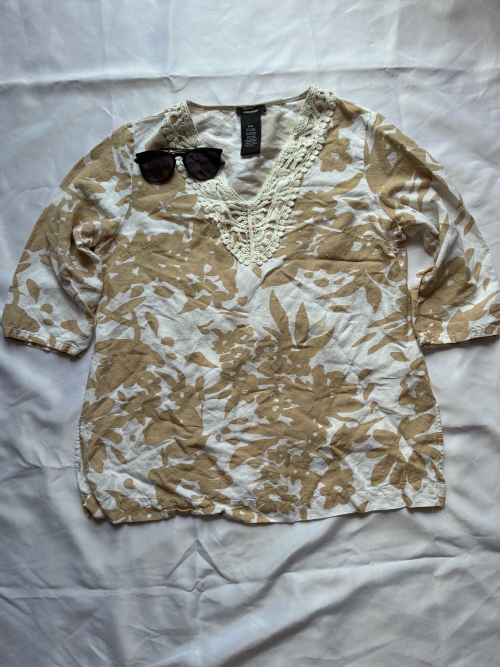 Premise Cream and Beige Embroidered V-Neck Top